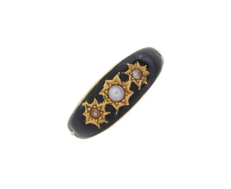 An early 20th century 18ct gold black enamel and split pearl mourning ring, hallmarks for Birmingham 1910, ring size P, 3.7gO