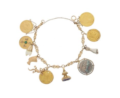 A gold charm bracelet, suspending eleven charms, some with marks indicating gold, gemstones to include chrysoprase and amethy