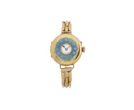 An early 20th century 18ct gold enamel bracelet watch, unsigned manual wind movement, case numbered 133028, import marks for 