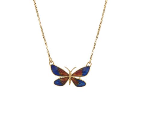 An 18ct gold polychrome enamel butterfly necklace, stamped 750, length of pendant 2.2cm, length of chain 40cm, 4.6gOverall go