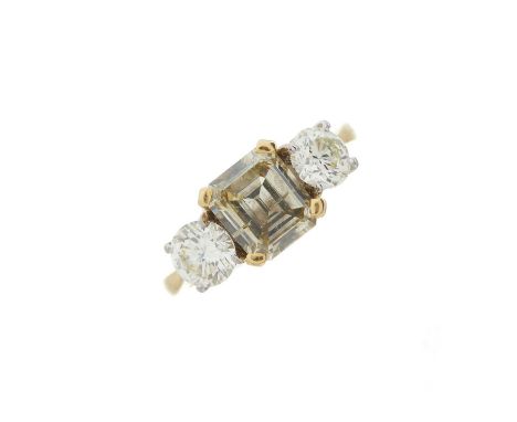 An 18ct gold square-shape coloured diamond and brilliant-cut diamond three-stone ring, coloured diamond estimated weight 1.40