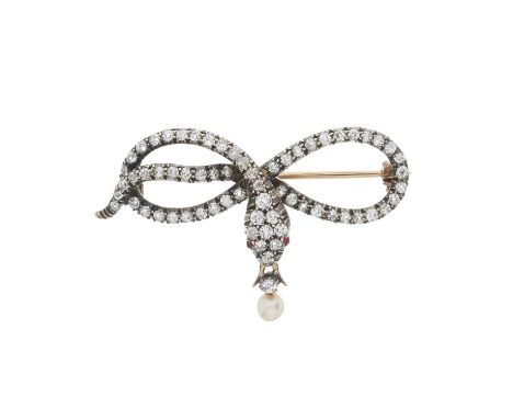 A late Victorian gold and silver, old-cut diamond snake brooch, with ruby eyes, suspending a pearl drop, estimated total diam