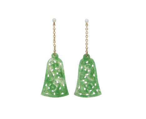 A pair of early 20th century carved A-jade drop earrings, with seed pearl accent surmount, verbal from GCS, stating no indica