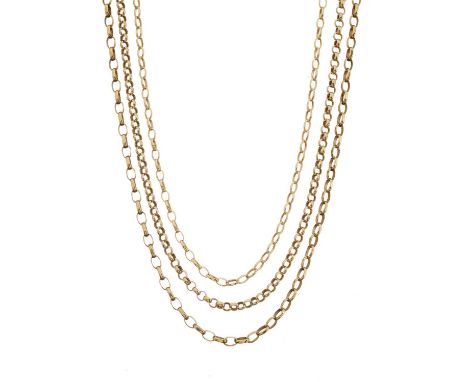 Three 9ct gold belcher-link necklaces, all with hallmarks, lengths 46.5 to 62.5cm, 15.5gOverall good conditionSome light mark