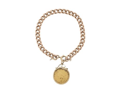 A late Victorian 9ct gold curb-link bracelet, suspending a gold full sovereign coin dated 1889, length of pendant 3.5cm, leng