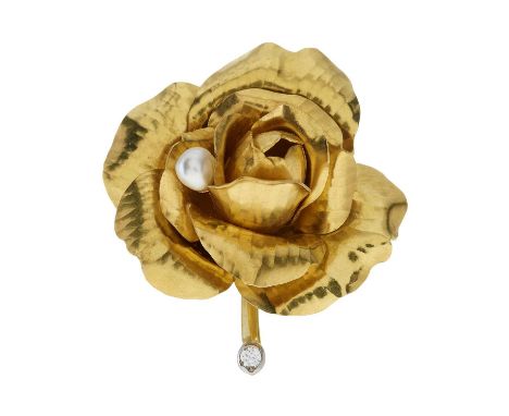 Cartier, a 1960s 18ct gold brilliant-cut diamond and pearl rose brooch, signed Cartier France, numbered L7789, import marks f