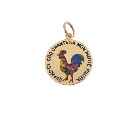 A rare French gold and vari-hue enamel love token pendant, depicting a rooster and motto 'Quand ce coq chantera mon amitie fi