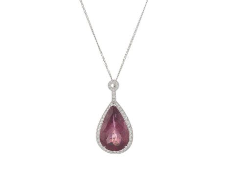 An 18ct gold pink tourmaline and brilliant-cut diamond pendant, suspended from a silver chain, tourmaline estimated weight 13