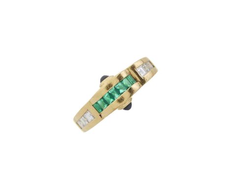 An 18ct gold calibre-cut emerald and diamond dress ring, with sapphire cabochon accent gallery, estimated total diamond weigh