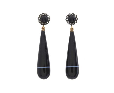 A pair of late Victorian onyx drop earrings, with onyx cabochon and rose-cut diamond cluster surmount, length 4.5cm, 8.7gOver