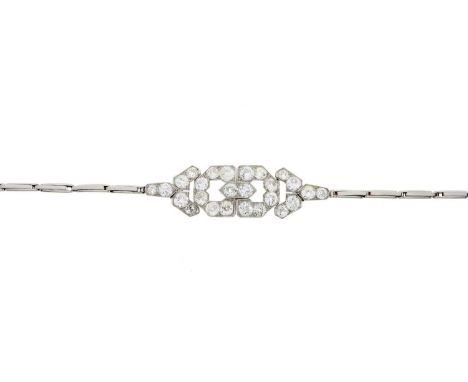 An Art Deco platinum old-cut diamond geometric bracelet, with expanding sides, estimated total diamond weight 7ct, H-I colour