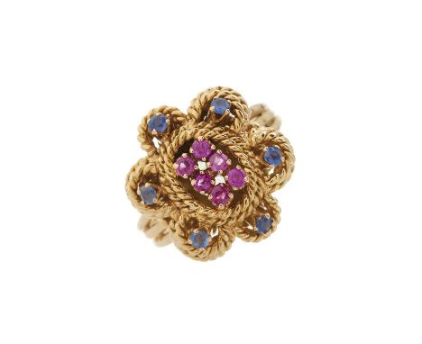 A 1970s 18ct gold vari-hue sapphire floral dress ring, ring size S, 8.2gOverall good conditionLength of ring head 1.9cmRubies