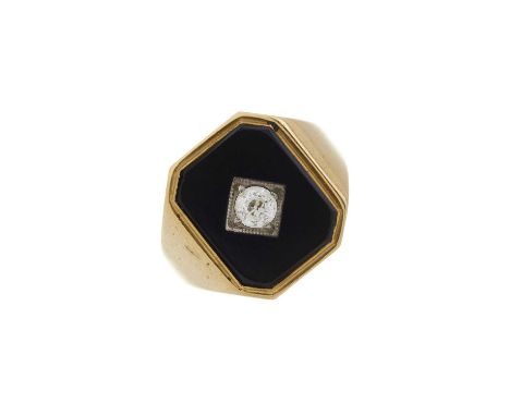 A mid 20th century 18ct gold old-cut diamond accent onyx signet ring, diamond estimated weight 0.10ct, hallmarks for Birmingh