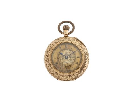 A late 19th century 14ct gold pocket watch, suspended from a yellow metal Albert chain with T-bar and 9ct gold swivel fob, un