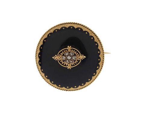 A mid to late Victorian gold, black enamel and rose-cut diamond pendant brooch, diameter 3.3cm, 9.1gOverall good conditionTwo