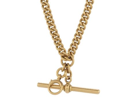 An early 20th century 18ct gold Albert chain, with T-bar and lobster clasp, all components stamped 18, length 37.5cm, 39.3gOv