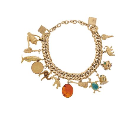An 18ct gold charm bracelet, suspending a series of thirteen charms, with box clasp, gems to include carnelian and paste, sta