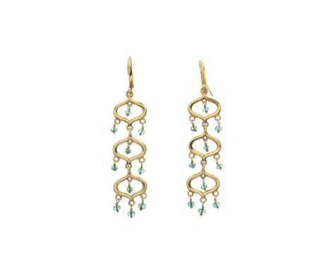 A pair of 18ct gold emerald briolette tiered drop earrings, hallmarks for Sheffield, length 6.9cm, 10.4gOverall good conditio