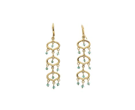 A pair of 18ct gold emerald briolette tiered drop earrings, hallmarks for Sheffield, length 6.9cm, 10.4gOverall good conditio