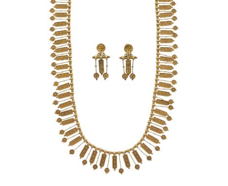 Castellani (attributed), a very fine late 19th century gold Etruscan Revival fringe necklace, together with a pair of matchin