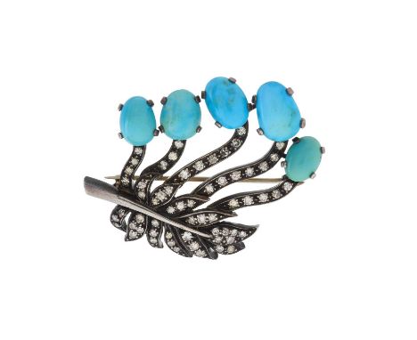 An early 20th century silver and gold, turquoise cabochon and single-cut diamond foliate brooch, estimated total diamond weig
