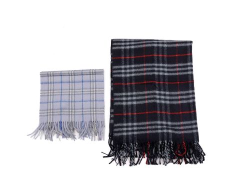 Burberry, a Nova Check lambswool shawl and scarf, to include a navy blue shawl and a light blue scarf, both with fringe detai