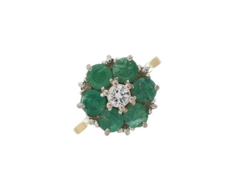 An 18ct gold emerald and brilliant-cut diamond floral cluster ring, diamond estimated weight 0.25ct, H-I colour, SI clarity, 