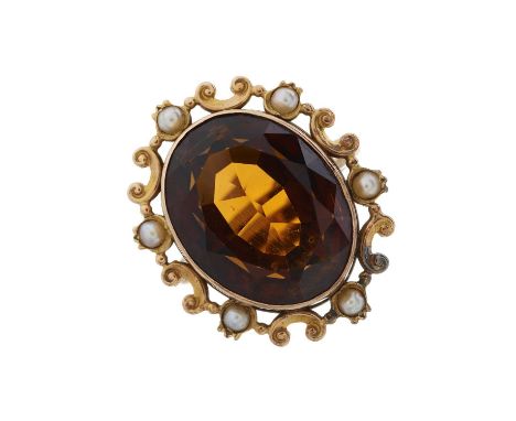 A mid 20th century gold citrine and split pearl dress ring, citrine estimated weight 14.50ct, ring size O, 10.1gOverall good 