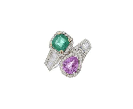 An 18ct gold pink sapphire, emerald and diamond crossover dress ring, pink sapphire estimated weight 1ct, emerald estimated w