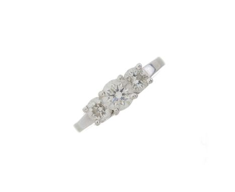 A 14ct gold brilliant-cut diamond three-stone ring, estimated total diamond weight 0.90ct, H-I colour, SI2-P1 clarity, ring s