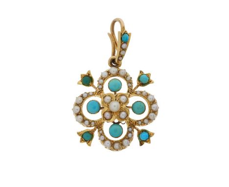 A late Victorian 18ct gold turquoise and pearl openwork pendant, length 3.4cm, 5.2gOverall good conditionTurquoise are a pale