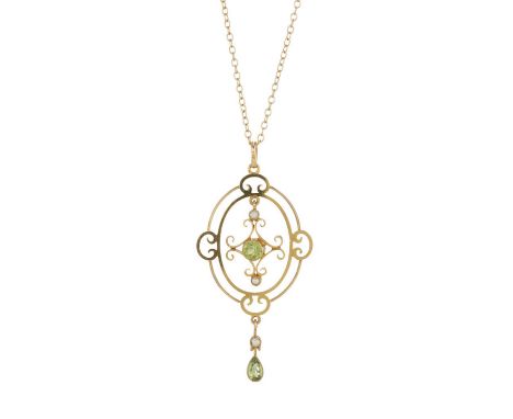An Edwardian 9ct gold peridot and pearl pendant, with chain, pendant stamped 9ct, chain with hallmarks for Sheffield, length 