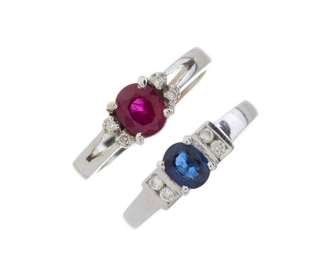 Two 18ct gold ruby, sapphire and diamond dress rings, stamped 750, ring sizes M1/2, 6gOverall good conditionDiamonds are brig