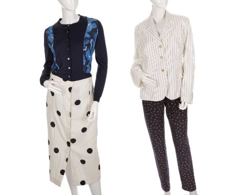 Paul Smith, a selection of ladies' clothing, to include a cream and white polka-dot skirt, a blue patterned twinset, a pair o