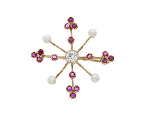 An Edwardian gold old-cut diamond, ruby and pearl brooch, diamond estimated weight 0.50ct, I-J colour, VS2-SI1 clarity, lengt