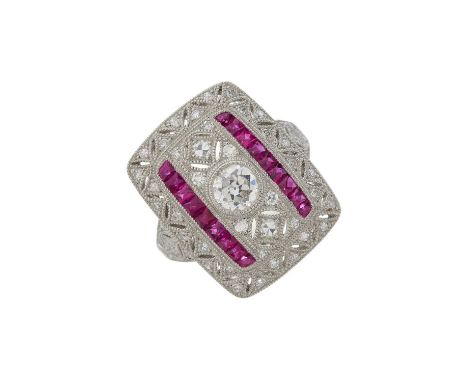 A platinum circular-cut diamond openwork dress ring, with calibre-cut ruby line sides and single-cut diamond surround, princi