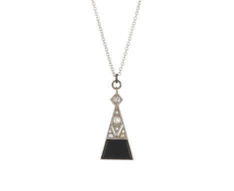 An Art Deco vari-cut diamond and onyx geometric pendant, suspended from an 18ct gold chain, estimated total old-cut diamond w