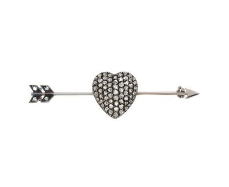 A late Victorian platinum rose-cut diamond heart and arrow bar brooch, length 6.1cm, 5.6gOverall good conditionLength of hear