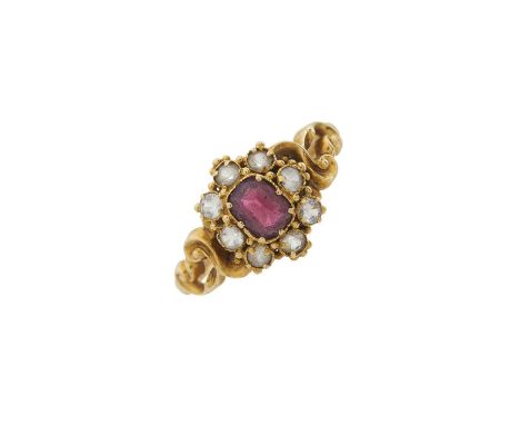 A mid Victorian 18ct gold garnet and paste cluster ring, ring size O, 2.8gOverall good conditionLength of ring head 1.1cmGarn