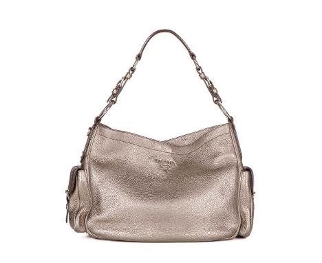 Prada, a metallic Prada Vitello Daino Side Pocket Hobo handbag, designed with a metallic leather exterior, featuring two exte