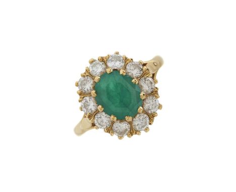 An 18ct gold emerald and diamond cluster ring, estimated total diamond weight 1ct, H-I colour, VS2-SI1 clarity, stamped 18ct,