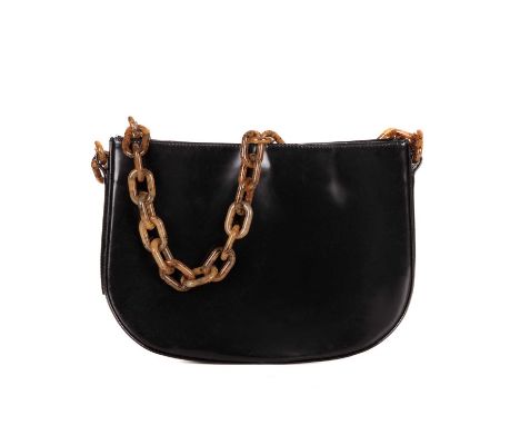 By Far, a black patent leather handbag, featuring an oversized chain-link shoulder strap, and a magnetic fastening, measuring