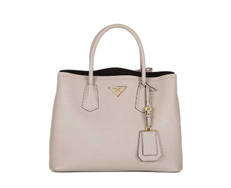 Prada, a Double Tote, featuring a grey saffiano leather exterior with contrasting smooth black leather lining, dual looping l