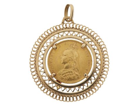 Victoria, a gold full sovereign coin, dated 1891, within a 9ct gold pendant mount, import marks for London 1991, length 5cm, 