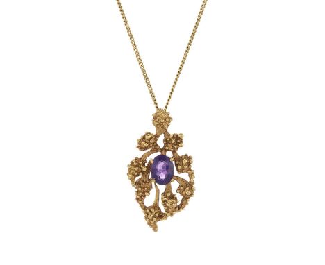Cropp &amp; Farr, a 1970s 9ct gold amethyst brutalist pendant, with chain, each with maker's marks for Cropp &amp; Farr, pend