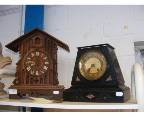 A slate and marble two train mantel clock, together with a Viennese style mantel clock (both for restoration) 