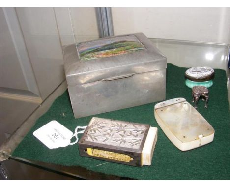 A Liberty &amp; Co pewter cigarette box together with other collectablesCONDITION REPORTimages attached - the enamel looks li