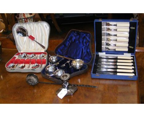 A cased set of four silver plated salts, toddy ladle etc.