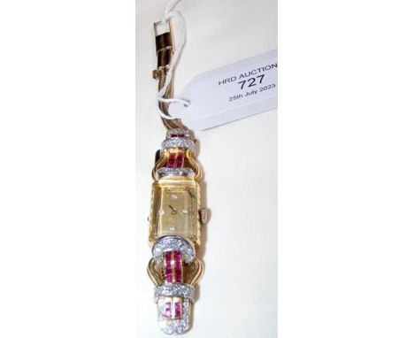 A vintage ladies Sarcar diamond and ruby cocktail watch in yellow metal setting
