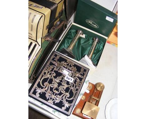 A pair of Parks white metal candlesticks, together with a photo album and a set of vintage scales 